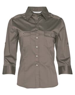 A khaki women's 3/4 sleeve military-style shirt featuring two front pockets and button-up detailing.