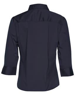 A women's 3/4 sleeve military shirt in navy, featuring a classic collar and back yoke design. Includes a logo.