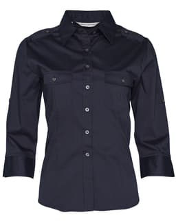A navy women's 3/4 sleeve military shirt features buttoned pockets and a collared neckline. It has a logo on the label.