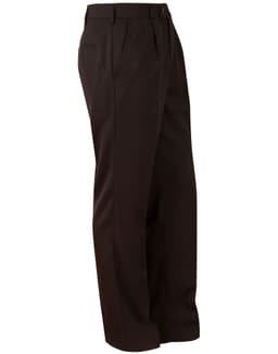 Brown men's chino pants featuring a straight leg design and a logo on the waistband.