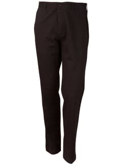 Black men's chino pants featuring a button closure, straight leg design, and a subtle logo on the waistband.
