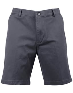 Men's stretch cotton chino shorts in dark grey, featuring a traditional button closure and angled pockets.