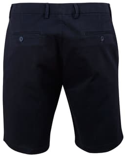 Men's stretch cotton chino shorts in navy blue, featuring a classic design and two back pockets with buttons.