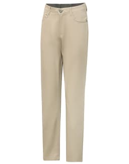 Men's flexi chino pants in beige with a classic jean style design and a logo on the label.