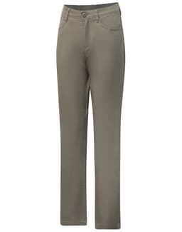 Men's flexi chino pants in a muted olive green, featuring a classic jean style with a logo on the waistband.