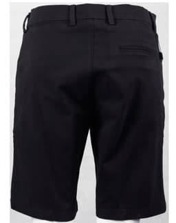 Black stretch cotton chino shorts featuring a back pocket and a waistband with belt loops.