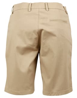 Tan stretch cotton chino shorts with a back pocket and waistband detailing. Features a logo on the waistband.