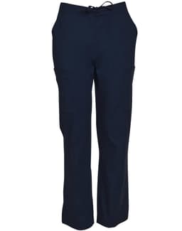Men's solid colour scrub pants in navy blue with pockets and a drawstring waistband. Features a logo.