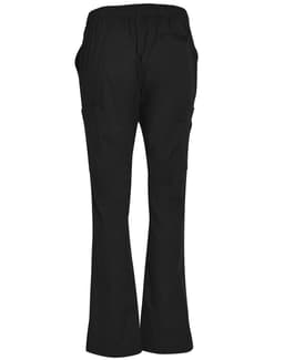 Black ladies' scrub pants featuring a relaxed fit and multiple pockets, with an elastic waistband and a logo.