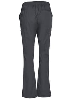 Grey ladies' solid colour scrub pants featuring an elastic waistband and side pockets. The back includes a pocket as well.