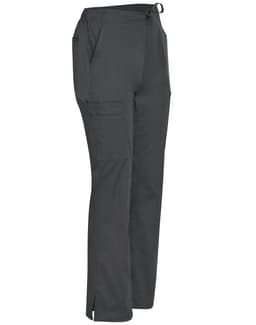 Ladies' solid colour scrub pants in dark grey, featuring pockets and an adjustable waistband. Includes a brand logo.