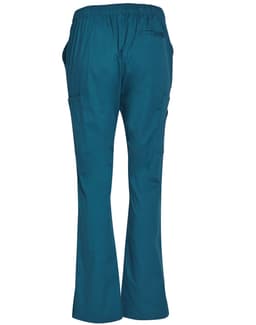Teal women's scrub pants featuring an elastic waistband and side pockets, with a logo on the back.