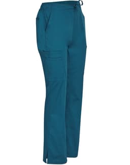 Teal solid colour scrub pants with pockets and adjustable waist. Features branding.