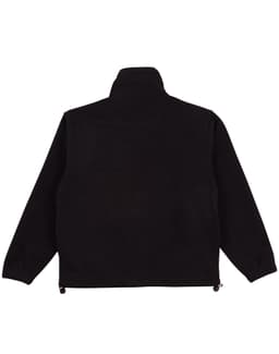 A black polar fleece pullover for kids with a high collar and adjustable hem. Features a logo on the back.