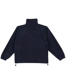 A navy blue polar fleece pullover for kids with a high neck and adjustable hem, featuring a logo.