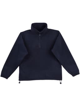 A navy polar fleece pullover for kids with a high collar and a zippered front. It has an adjustable hem with toggles.