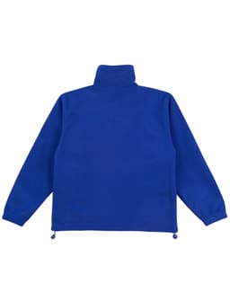 A blue polar fleece pullover for kids with a high neck and elastic drawstrings at the hem. It features a logo.