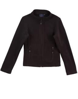 A black bonded polar fleece jacket featuring a zip front and two side pockets, with a collar and a logo.