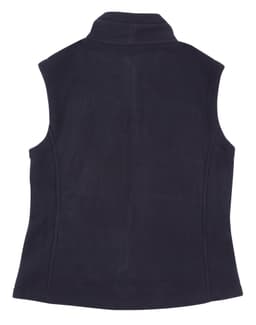 A navy blue ladies' bonded polar fleece vest with a high collar and no sleeves. It features a branding logo.