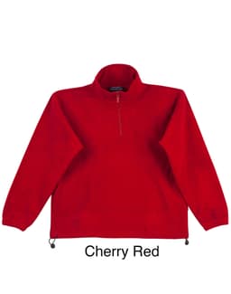 A cherry red pullover made of polar fleece for kids, featuring a half-zip design and a branded logo.