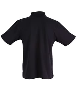 A black unisex traditional polo shirt with a collar and short sleeves, featuring a logo.