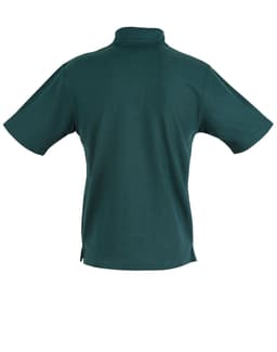 A unisex traditional polo shirt in dark green, featuring a collar and short sleeves, with a logo on the back.