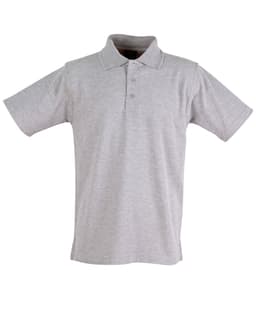 A unisex traditional polo shirt in light grey with a collar and three-button placket, featuring a logo.