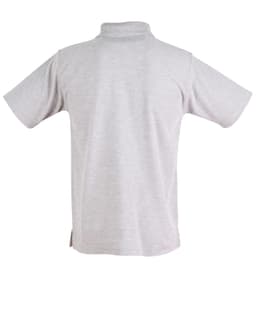 A grey unisex traditional polo shirt with short sleeves and a collar, featuring a logo.
