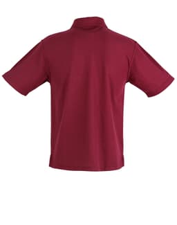 A maroon unisex polo shirt featuring a collar and short sleeves, with a logo on the back.