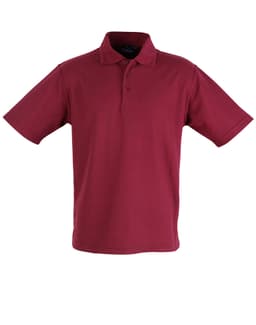 A unisex traditional polo shirt in maroon with short sleeves and a three-button placket. It features a logo.