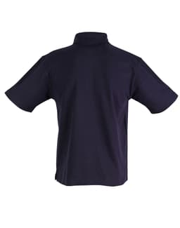 A unisex traditional polo shirt in navy blue, featuring a collar and short sleeves. The back view shows the design clearly.