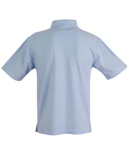 A light blue unisex traditional polo shirt featuring a collar and short sleeves, with a logo present.