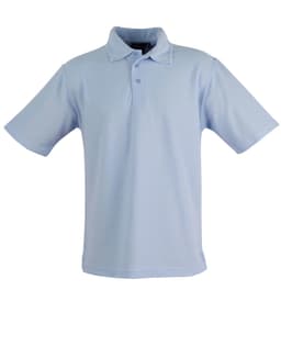 A light blue unisex traditional polo shirt with a classic collar and short sleeves, featuring a logo.