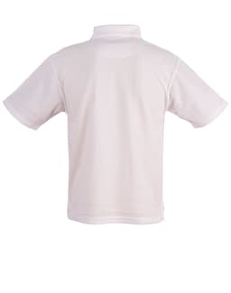A white unisex traditional polo shirt with short sleeves and a collar. The back view displays a simple design with a logo.