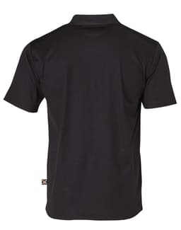 A black short-sleeve polo shirt with a logo on the back, designed for workwear.