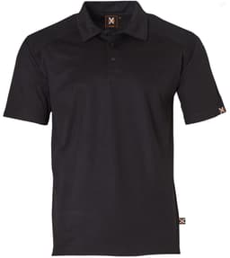 A black short-sleeve polo shirt featuring a logo and textured shoulder detail. Suitable for workwear.