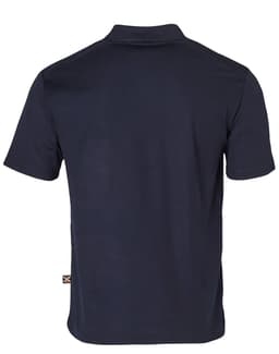 A navy blue short-sleeved polo shirt with a logo on the side. The back view features a classic collar design.
