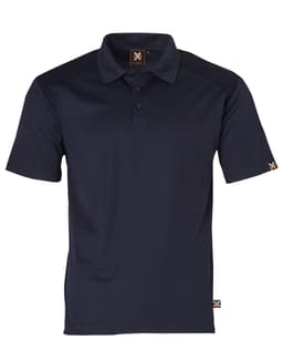 A navy polo shirt featuring short sleeves and a logo on the collar, designed for workwear.