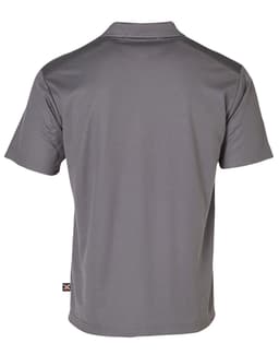 A grey short-sleeved polo shirt with a logo, featuring a plain back design and contrasting stitching.