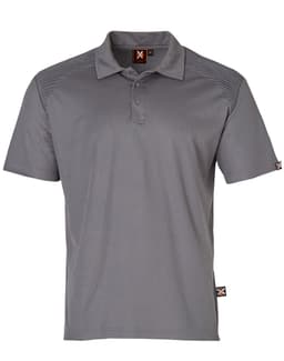 A grey short-sleeve polo shirt featuring a logo, with textured shoulder panels and a classic collar design.