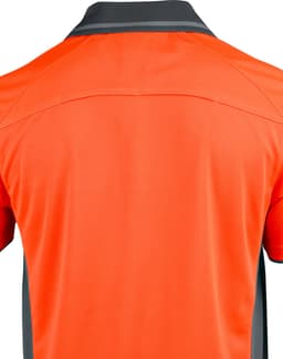 A back view of an orange polo shirt with grey accents and a logo on the collar.
