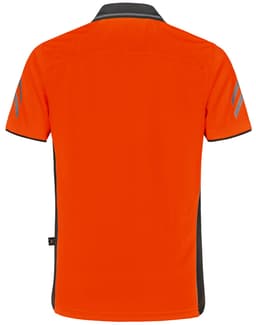 An orange polo shirt with contrasting grey detailing and a logo on the side.