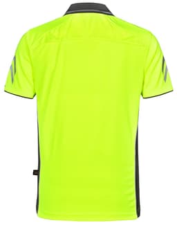 A bright yellow polo shirt with grey accents and a logo. The back features a sleek design.