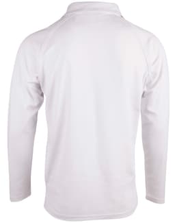 A white long sleeve cricket polo shirt with a classic collar and a logo on the back.