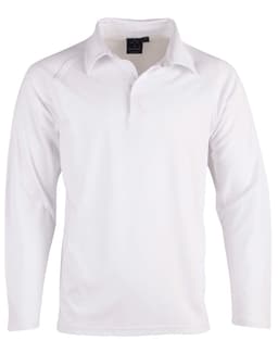 A long-sleeve white cricket polo shirt with a collar and a branding logo.