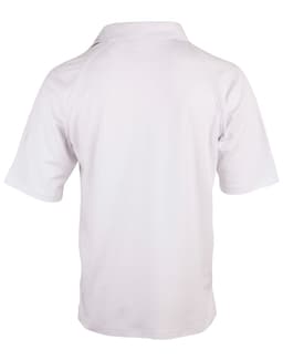 A white short-sleeved polo shirt with a collar, featuring a logo on the back.