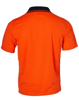 A Hi-Vis short-sleeve safety polo shirt in vibrant orange, featuring a contrasting black collar and logo.