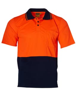 A Hi-Vis short-sleeve safety polo shirt in bright orange and navy blue, featuring a pocket and a logo.