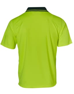 A Hi-Vis short-sleeve polo shirt in bright yellow, featuring a black collar and branding.