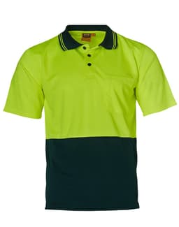 A high-visibility short-sleeve polo shirt in neon yellow and dark green, featuring a pocket and a logo.